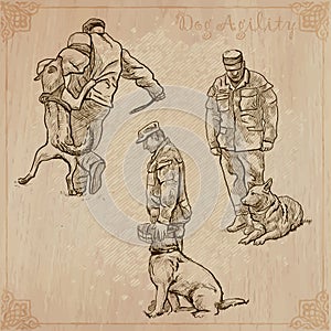 Dog training. Collection. Pack of freehand vector sketches. Line art
