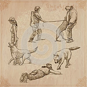 Dog training. Collection. Pack of freehand vector sketches. Line art