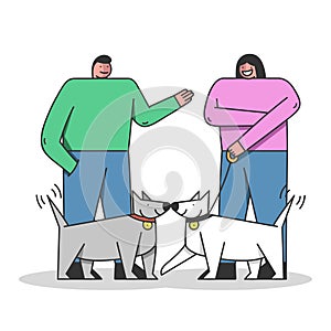 Dog Training Concept. Happy People Are Training Dogs In the City Park Or Area. Dog Playground in The Park