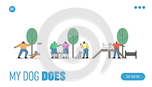 Dog Training Concept. Website Landing Page. Happy People Are Training Dogs In the Special Dog Park