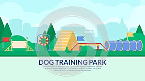 Dog training park. Banner with agility sport equipment. Vector flat.