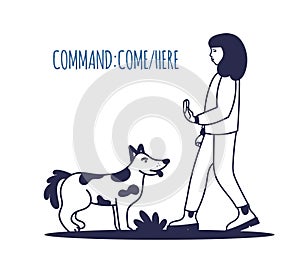Dog training. The pet executes the command come here. The training process. A simple icon, symbol, sign. Editable vector