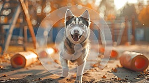 dog training techniques, a diligent dog trainer is working with a lively siberian husky in a roomy pet training facility photo