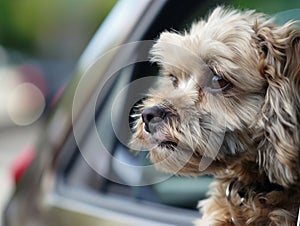 Dog travel by car. Cute dog, looking out of a car window