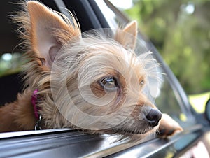 Dog travel by car. Cute dog, looking out of a car window