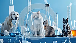 A dog and two cats, small to mediumsized felidae, sit on a lab table photo