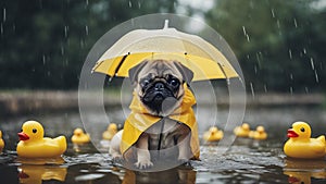 dog with umbrella A pug puppy with a , wearing a tiny raincoat and holding an umbrella, sitting in a puddle with rubber ducks