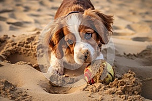 dog uncovering buried toy in sand