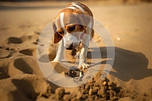 dog uncovering buried treasure in sand