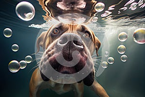 Dog underwater. Dog diving underwater. Dog dive deep in a swimming pool. Generative AI