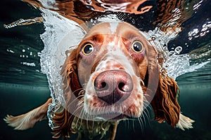 Dog underwater. Dog diving underwater. Dog dive deep in a swimming pool. Generative AI