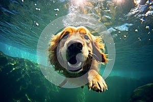dog underwater snorkeling swimming fun water vacation puppy pool funny. Generative AI.