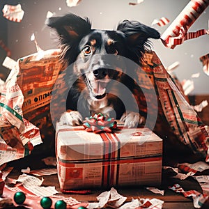 Dog unwarpping gift with excitement