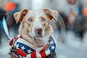 Dog with USA flag bandana on leash in crowd at US presidential election