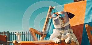 dog vacation sunglasses lazy relax funny summer beach chair pet. Generative AI.