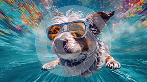 dog vacation surfer animal wave summer funny ocean puppy beach. Generative AI.