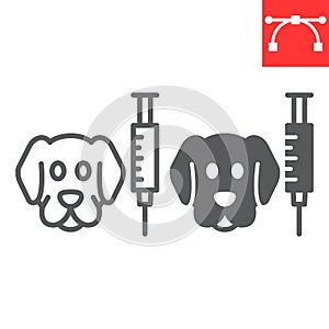 Dog vaccination line and glyph icon, vaccine and injection, pet vaccination vector icon, vector graphics, editable