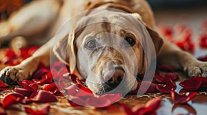 Dog With Valentine\'s Gift and Rose Petals - AI Generated