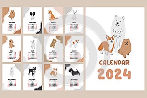 Dog vector vertical calendar 2024. Collection of cute baby dogs cartoon hand drawn style. Week starts on Sunday