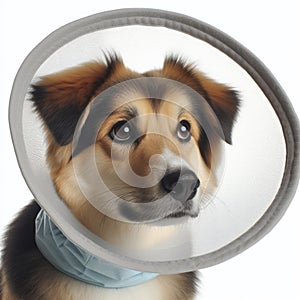 a dog in a veterinary protective collar isolated on white background. ai generative