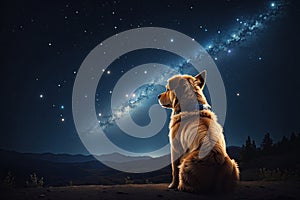 dog view from the back sitting and looking at the stars. ai generative