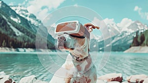 A dog with a VR headset looks out over an alpine lake, reflecting a serene mountain escape in its virtual journey