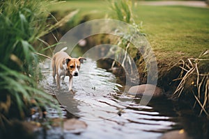 dog wading cautiously into a brook