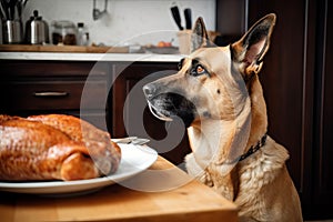 Dog waiting chicken. Generate AI