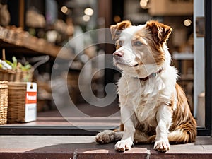 Dog waiting for its owner in front of a shop