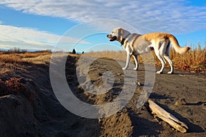 dog walking away from freshly buried bone