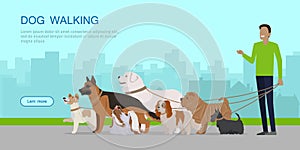 Dog Walking Banner. Man Walks with Puppies