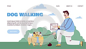 Dog walking and cleaning rules web banner template flat vector illustration.