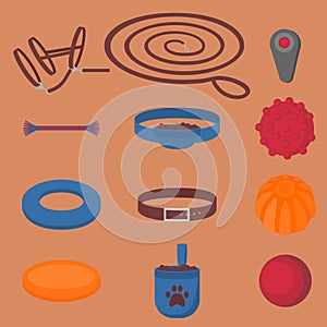 Dog walking elements. Flat isolated set, pet walk items. Doggy training icons collar, leash and headstall. Play objects ball, like