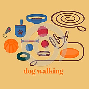 Dog walking elements. Flat isolated set, pet walk items. Doggy training icons collar, leash and headstall. Play objects ball, like