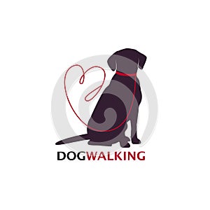 Dog walking logo template with sitting dog silhouette. Vector Illustration