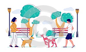 Dog walking in the park, vector flat illustration