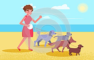 Dog walking services Woman walks with four dogs