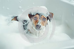 Dog washes in a bathroom. Dog taking bath at home