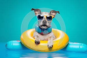 dog wear sun glasses and swimming buoy ai generated