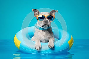 dog wear sun glasses and swimming buoy in blue background ai generated