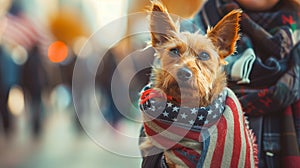 Dog wearing American flag scarf with owner in city during presidential election