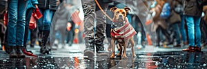 Dog wearing American flag shirt walking on leash outdoors in city during US presidential election