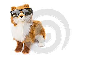 Dog wearing Black sunglasses. beautiful toy dog on white background, Dog Plush toy for children : the gift to swain Valentine.