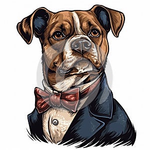 Dog wearing bow tie, which is also known as necktie. This unique attire has been placed on brown and white dog, making