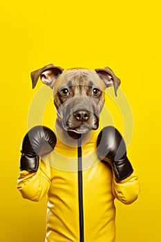 Dog wearing boxing gloves and yellow jacket is posing for picture. Generative AI