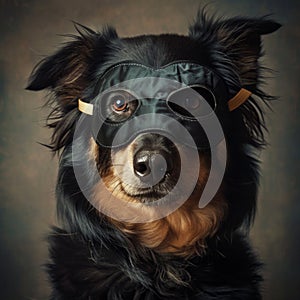 a dog wearing a burgler mask on dark background photo