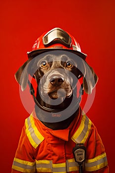 Dog wearing fireman's helmet and goggles on red background. Generative AI