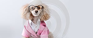 A dog wearing glasses, a stethoscope and a pink doctor& x27;s suit on a white background. Banner