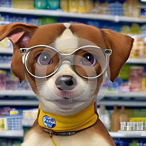 Dog wearing glasses working as a grocery store clerk