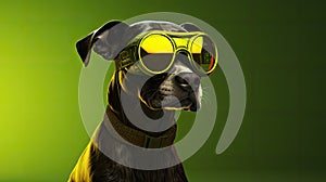 dog wearing goggles against green background for design purposes with copy space